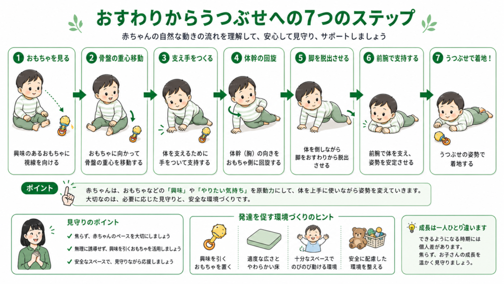 お座りからうつ伏せへの7つのステップ