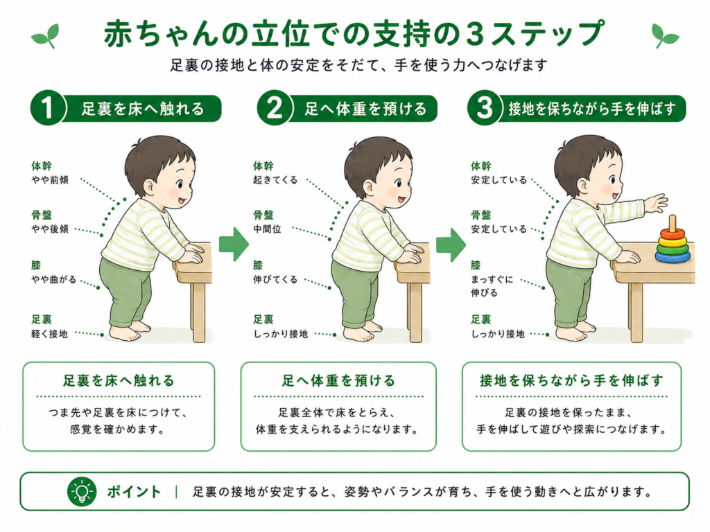 赤ちゃんの立位での支持の3ステップ