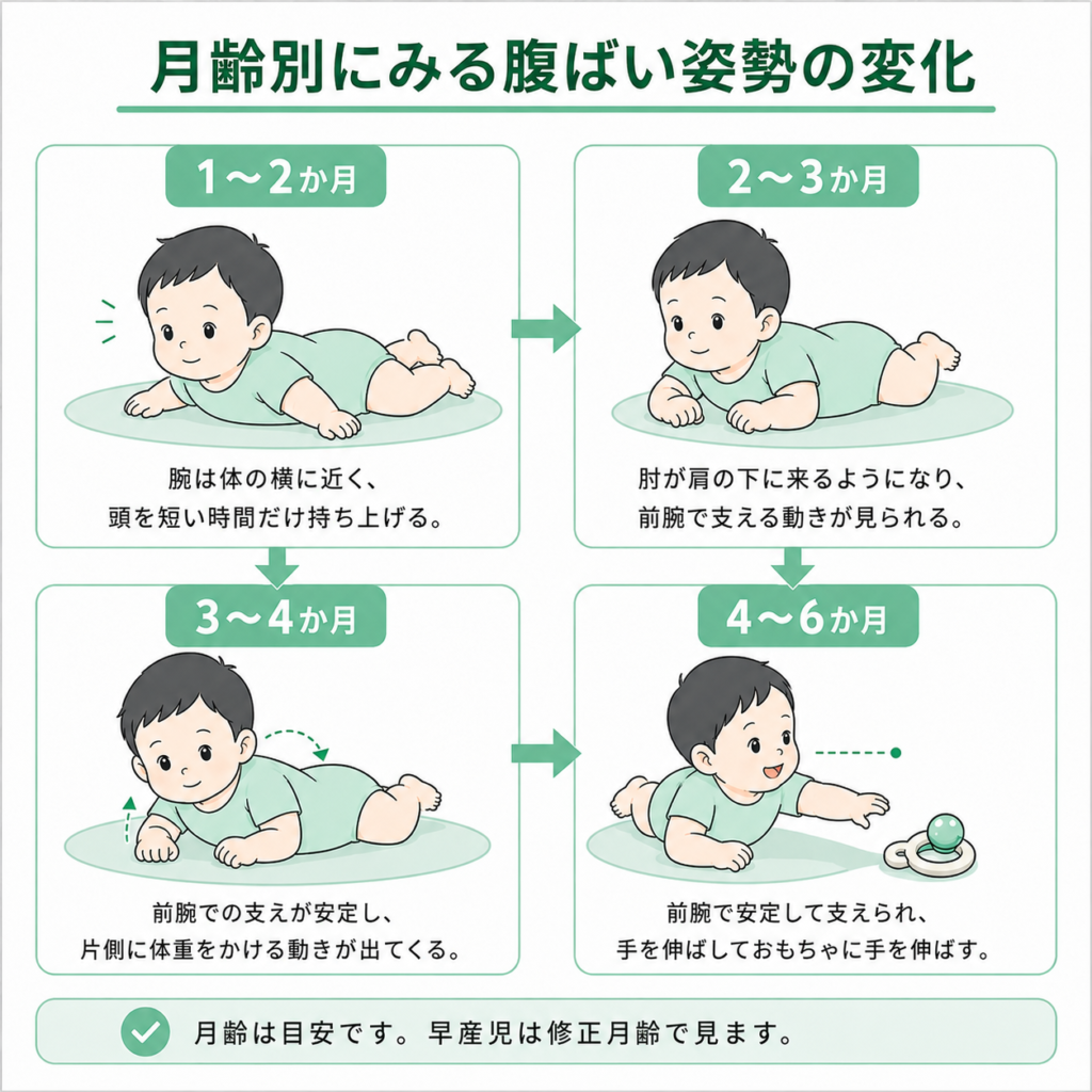 月齢別にみる腹ばい姿勢の変化