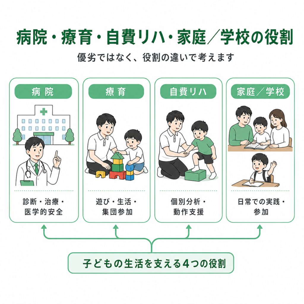 病院・療育・自費リハ・家庭/学校の役割