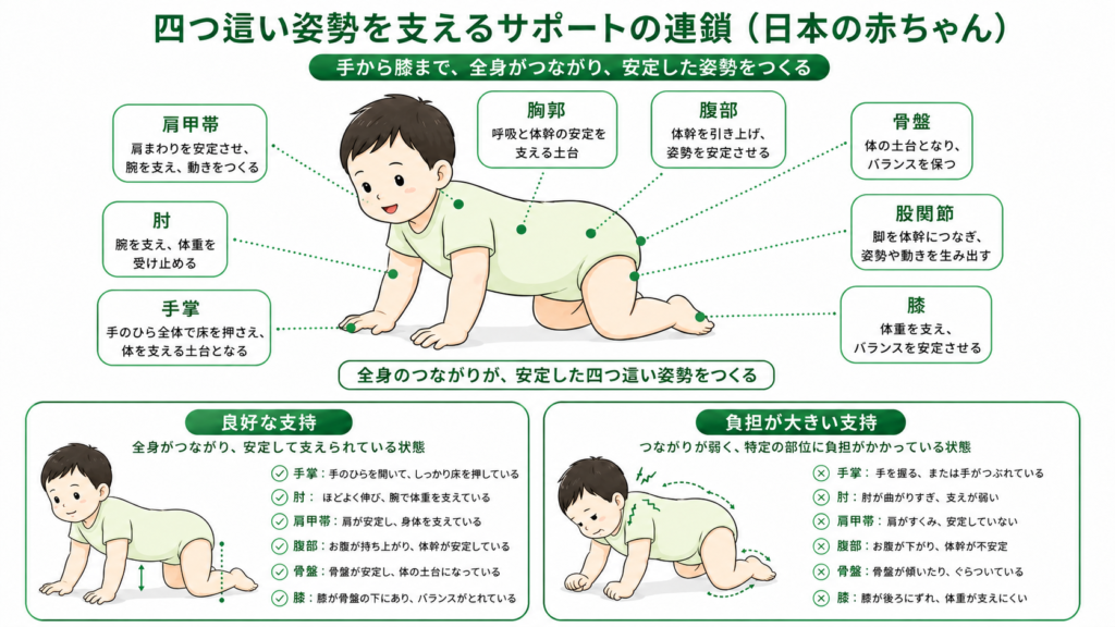 四つ這い姿勢を支えるサポートの連鎖