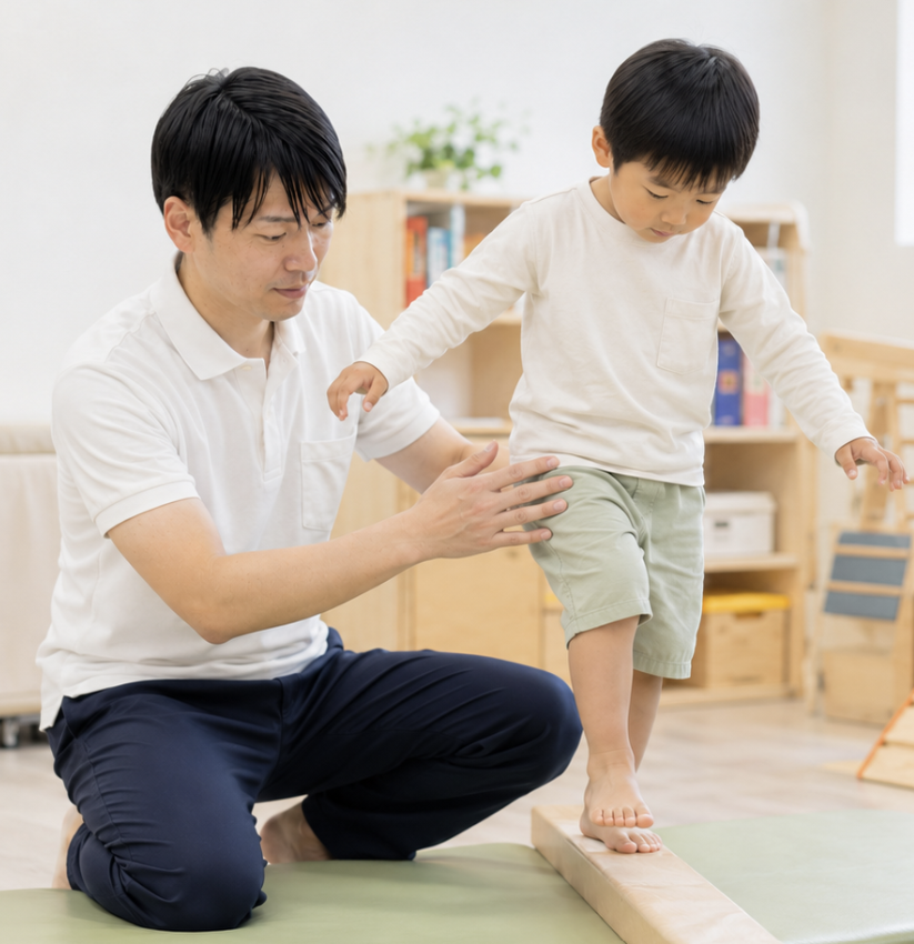 STROKE LAB代表 金子唯史が小児リハビリの場面でお子さんを支援している様子