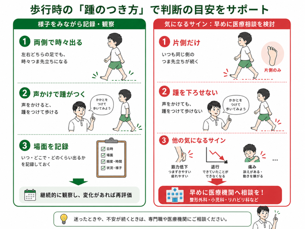 歩行中の踵の付き方で判断の目安をサポート