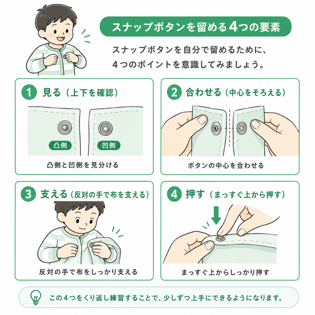 スナップボタンを留める4つの要素