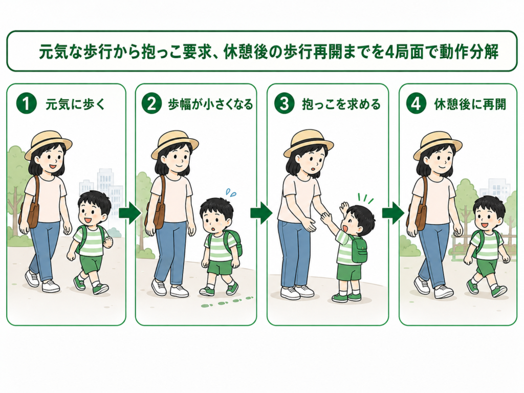 元気な歩行から抱っこ要求、休憩後の歩行再開までを4局面で動作分析