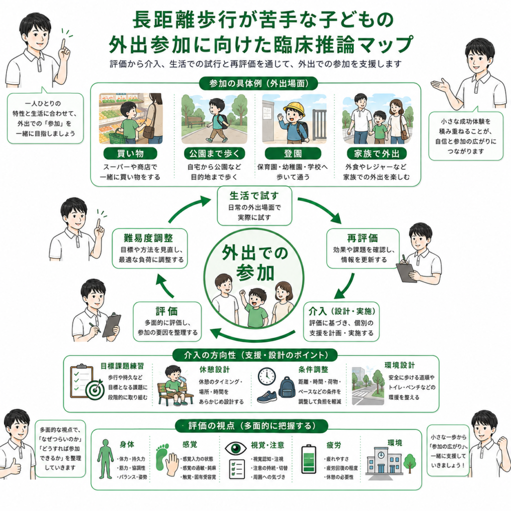 長距離歩行が苦手な子供の外出参加に向けた臨床推論マップ