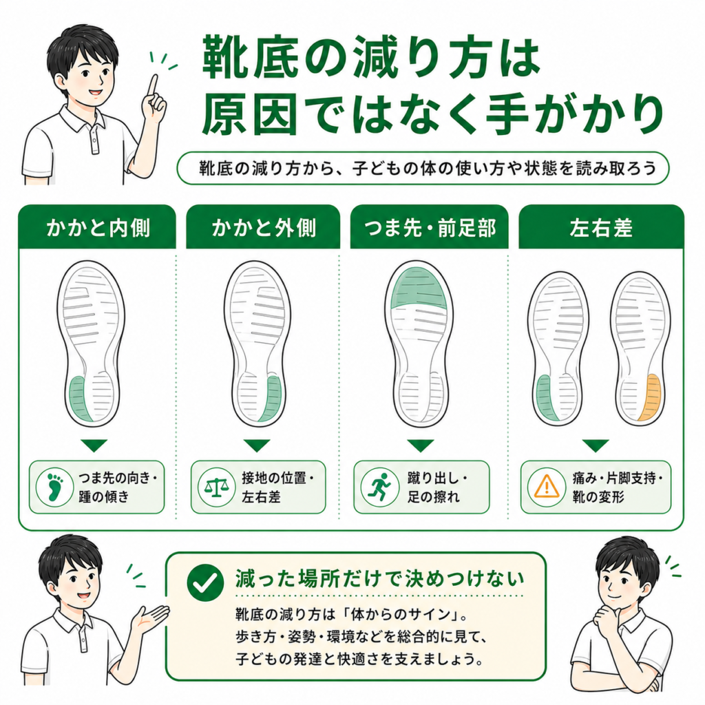 靴底の減り方は、原因ではなく手がかり