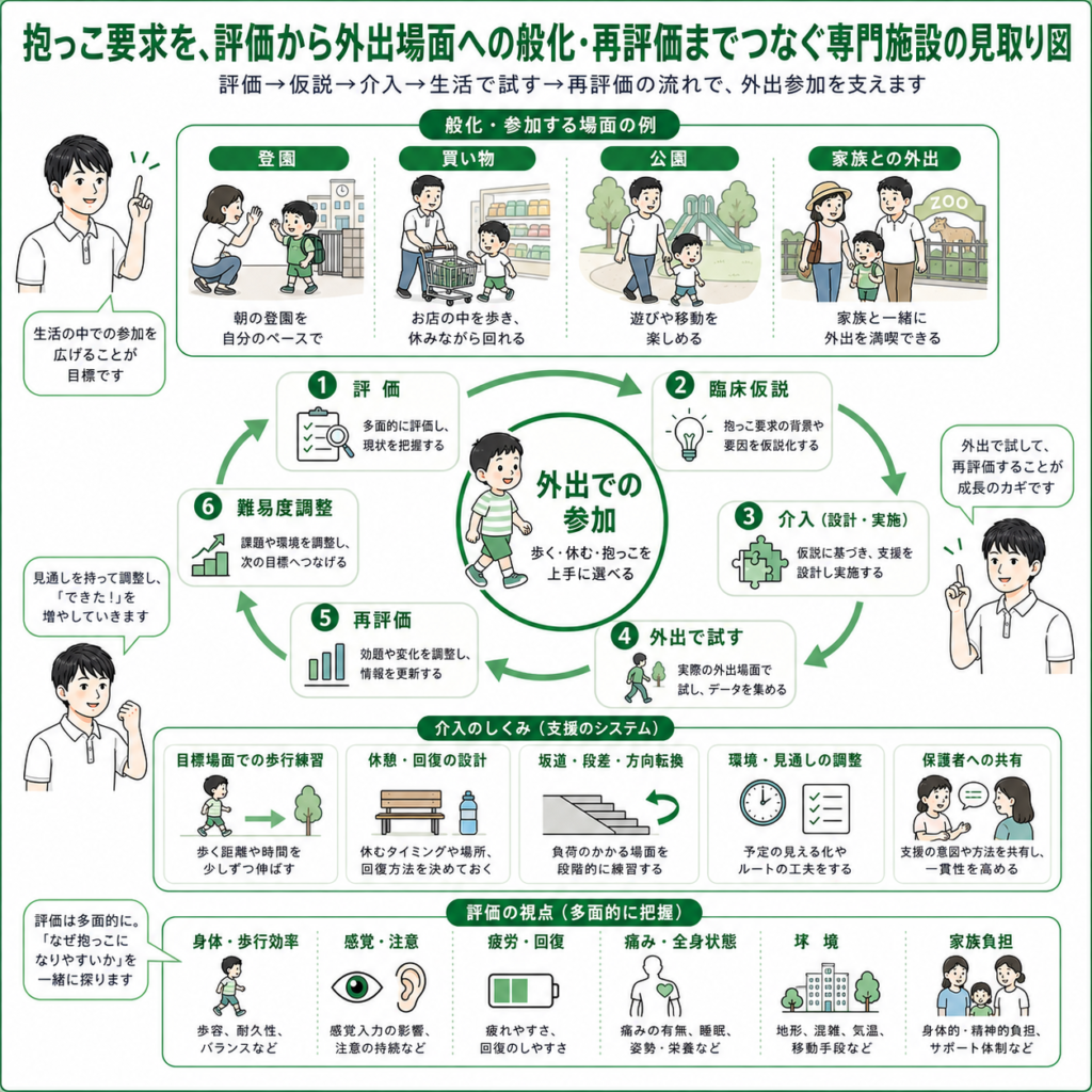抱っこ要求を評価から外出場面への般化、再評価までつなぐ専門施設の見取り図