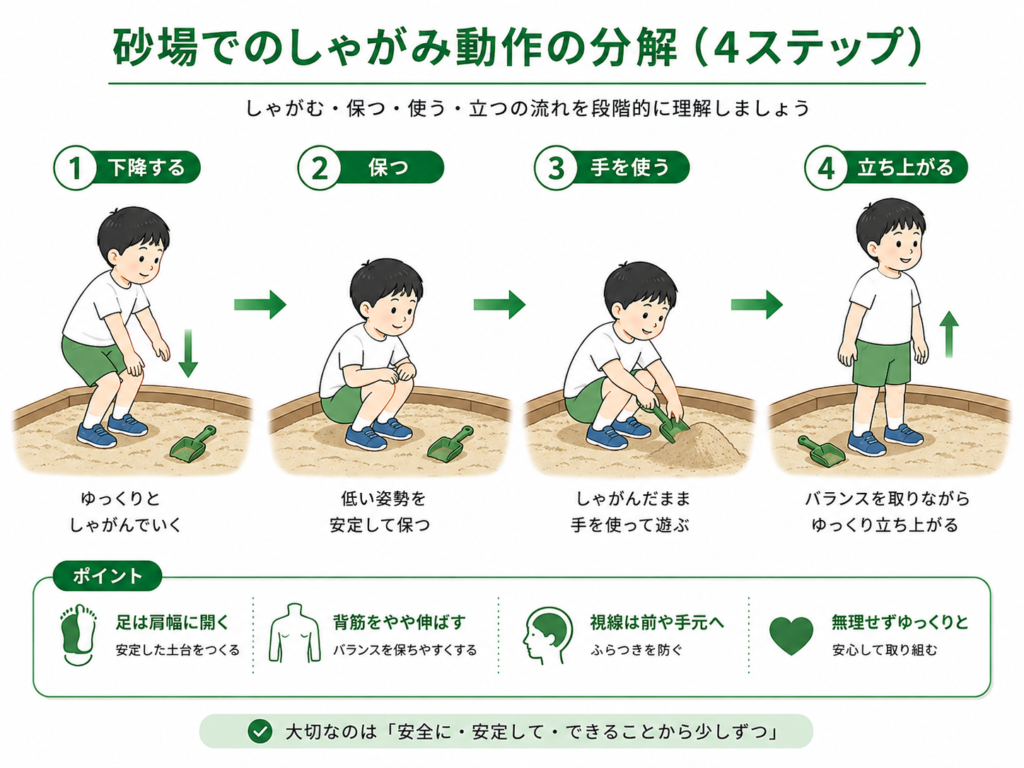 砂場でしゃがみ動作の分解