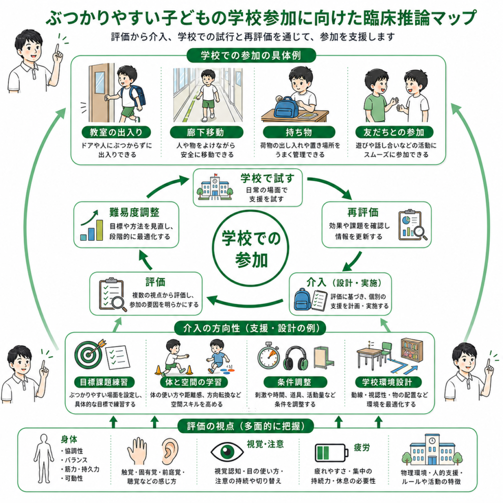ぶつかりやすい子供の学校参加に向けた臨床推論マップ
