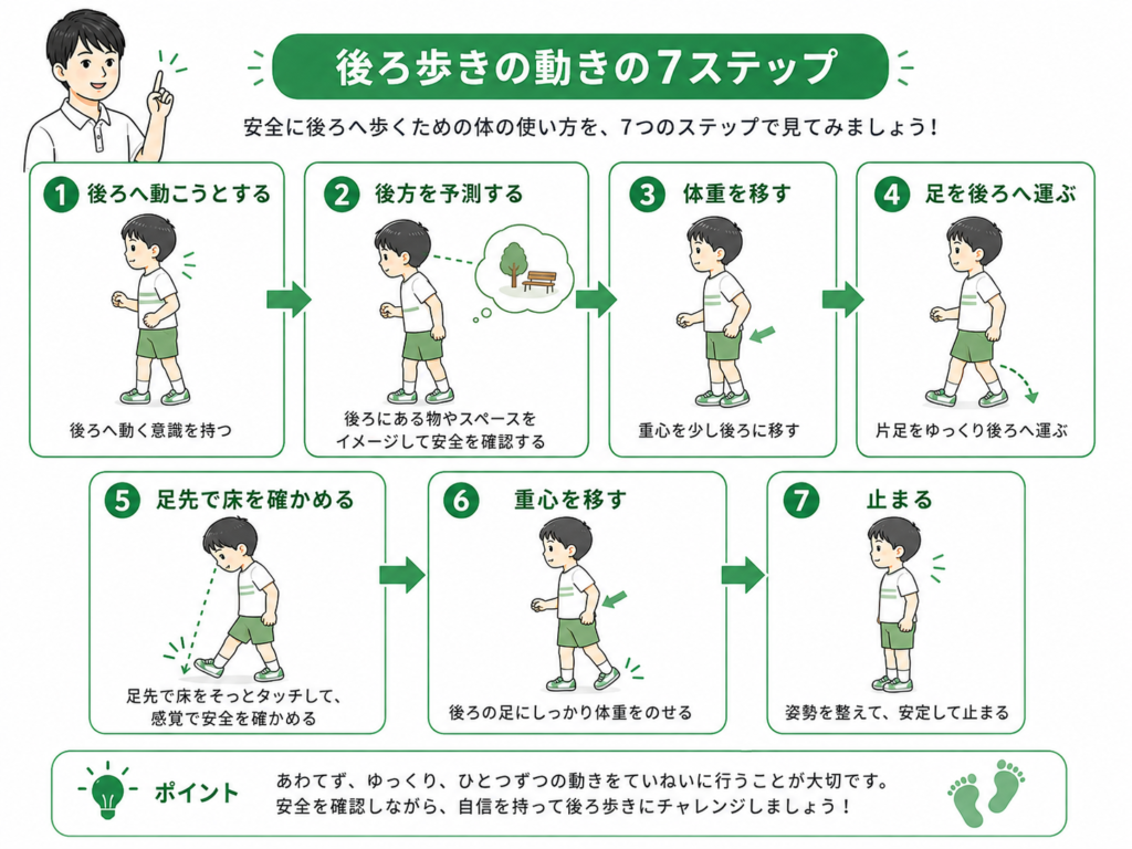 後ろ歩きの動きの7ステップ