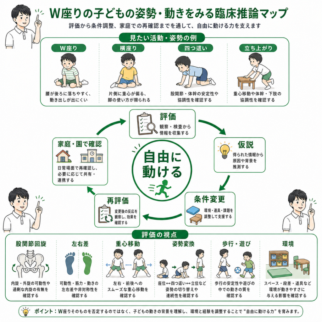 W座りの子供の姿勢、動きをみる臨床推論マップ