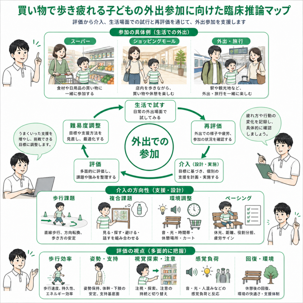 買い物で歩き疲れる子供の外出参加に向けた臨床推論マップ