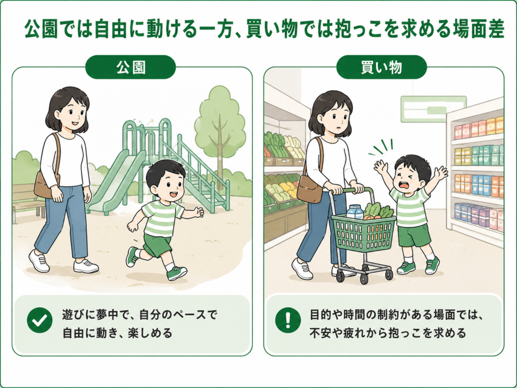 公園では自由に動ける一方、買い物では抱っこを求める場面差