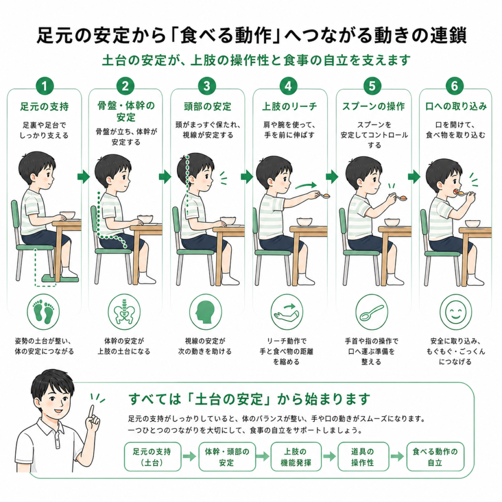 足元の安定から食べる動作へつながる動きの連鎖