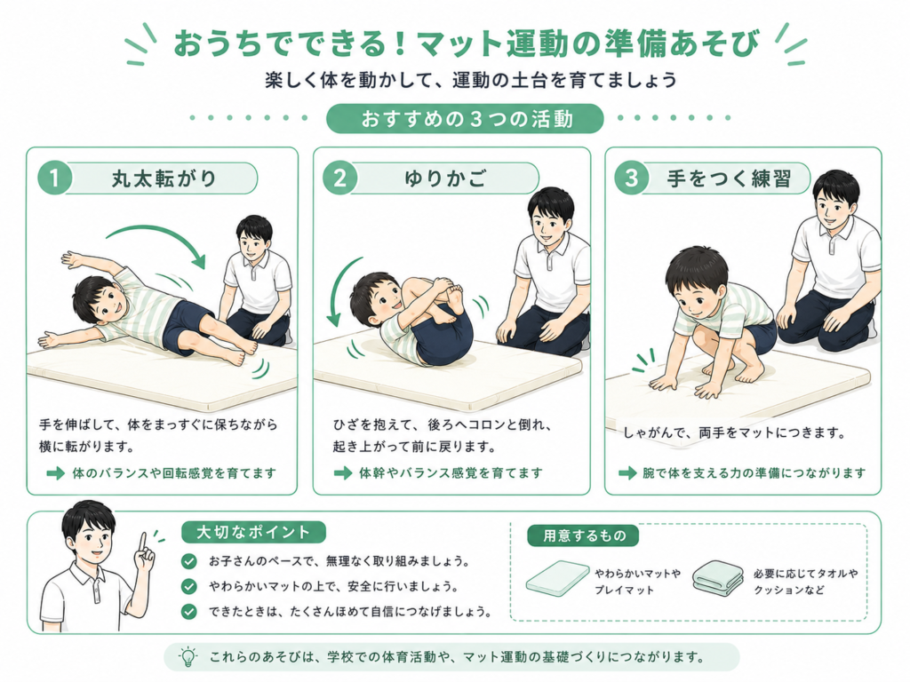 お家で出来る、マット運動の準備遊び
