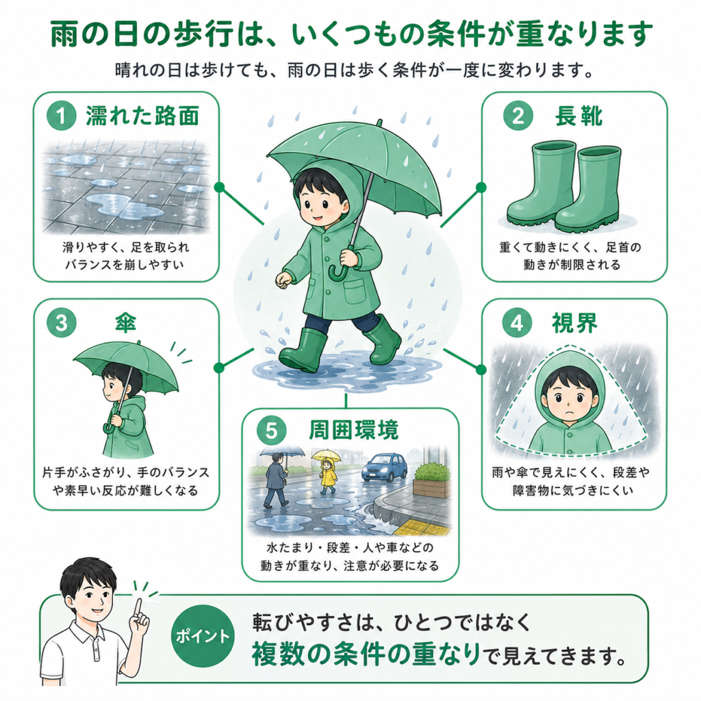 雨の日の歩行はいくつもの条件が重なる