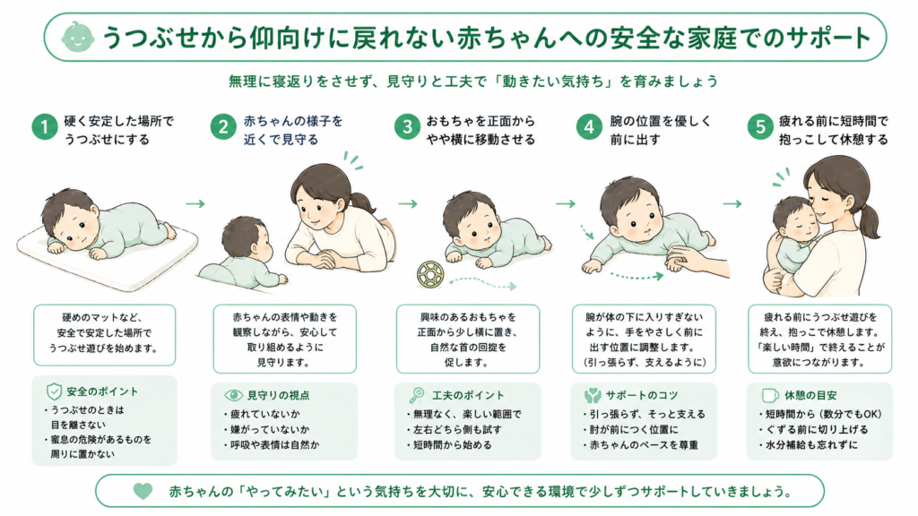 うつ伏せから仰向けに戻れない赤ちゃんへの安全な家庭へのサポート