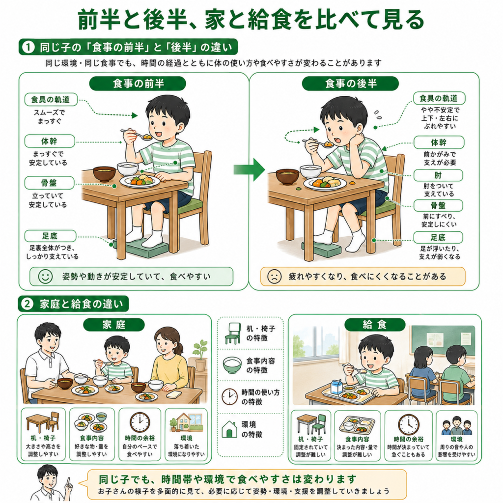 前半と後半で家と給食を比べてみる