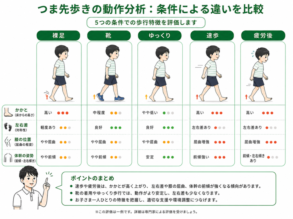 つま先の動作分析:条件による違い