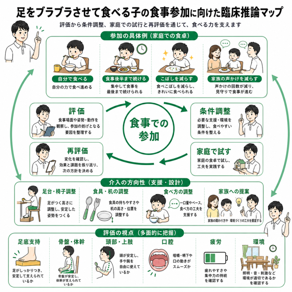 足をぶらぶらさせて食べる子の食事参加に向けた臨床推論マップ