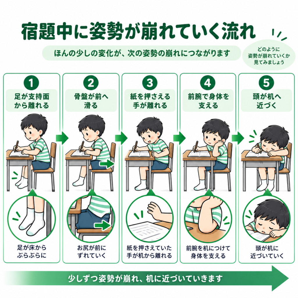 宿題中に姿勢が崩れていく流れ