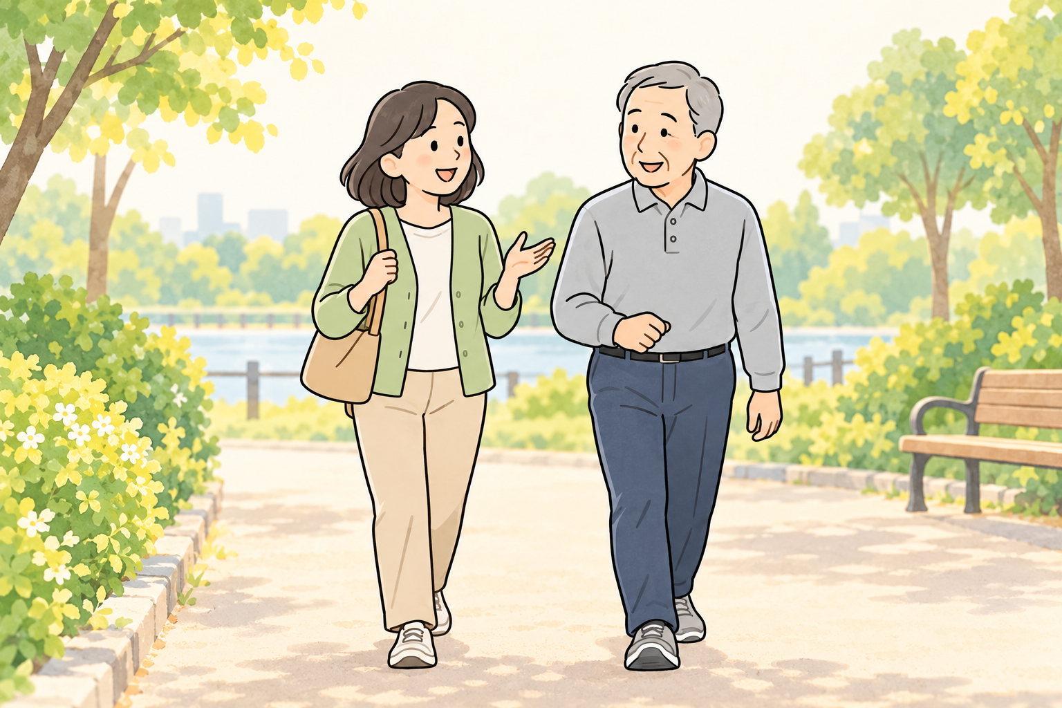 公園で笑顔で会話しながら並んで歩く父親と娘のイラスト