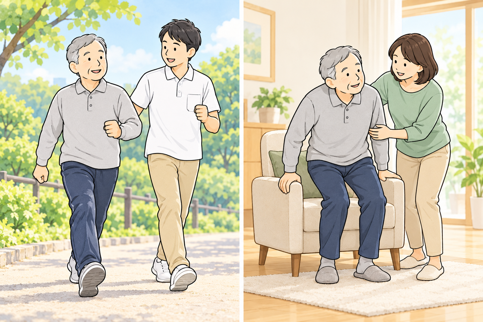 屋外で療法士と歩く男性と、家族に支えられながら椅子から立ち上がる同じ男性のイラスト