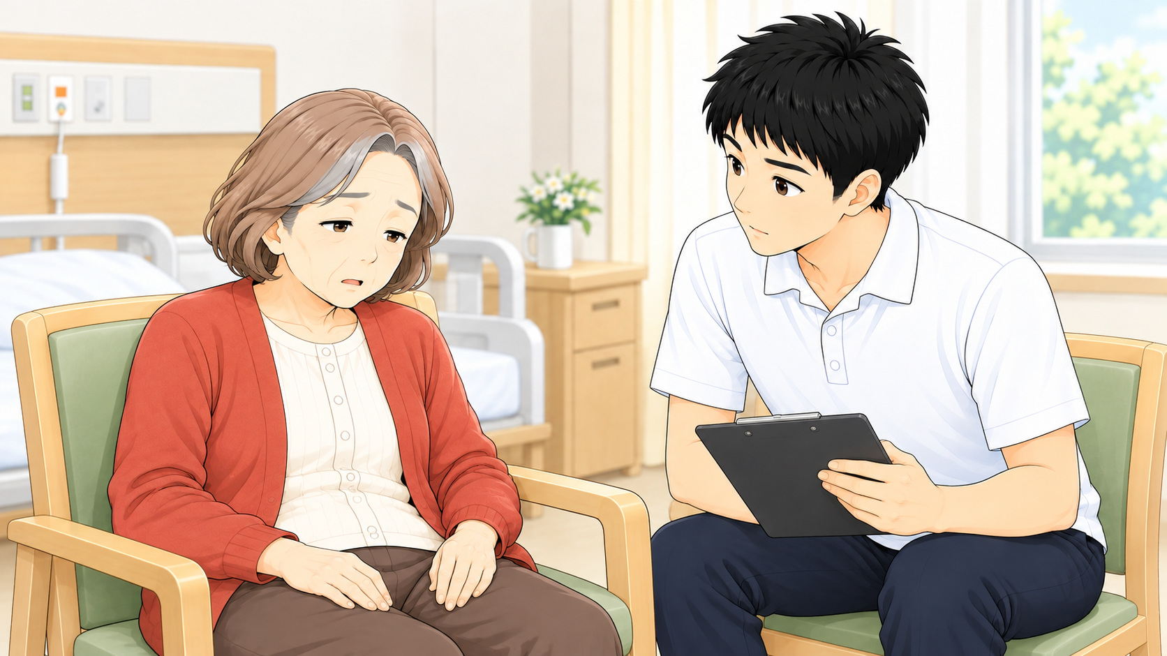 普段と違う眠気や応答を観察する療法士と高齢女性