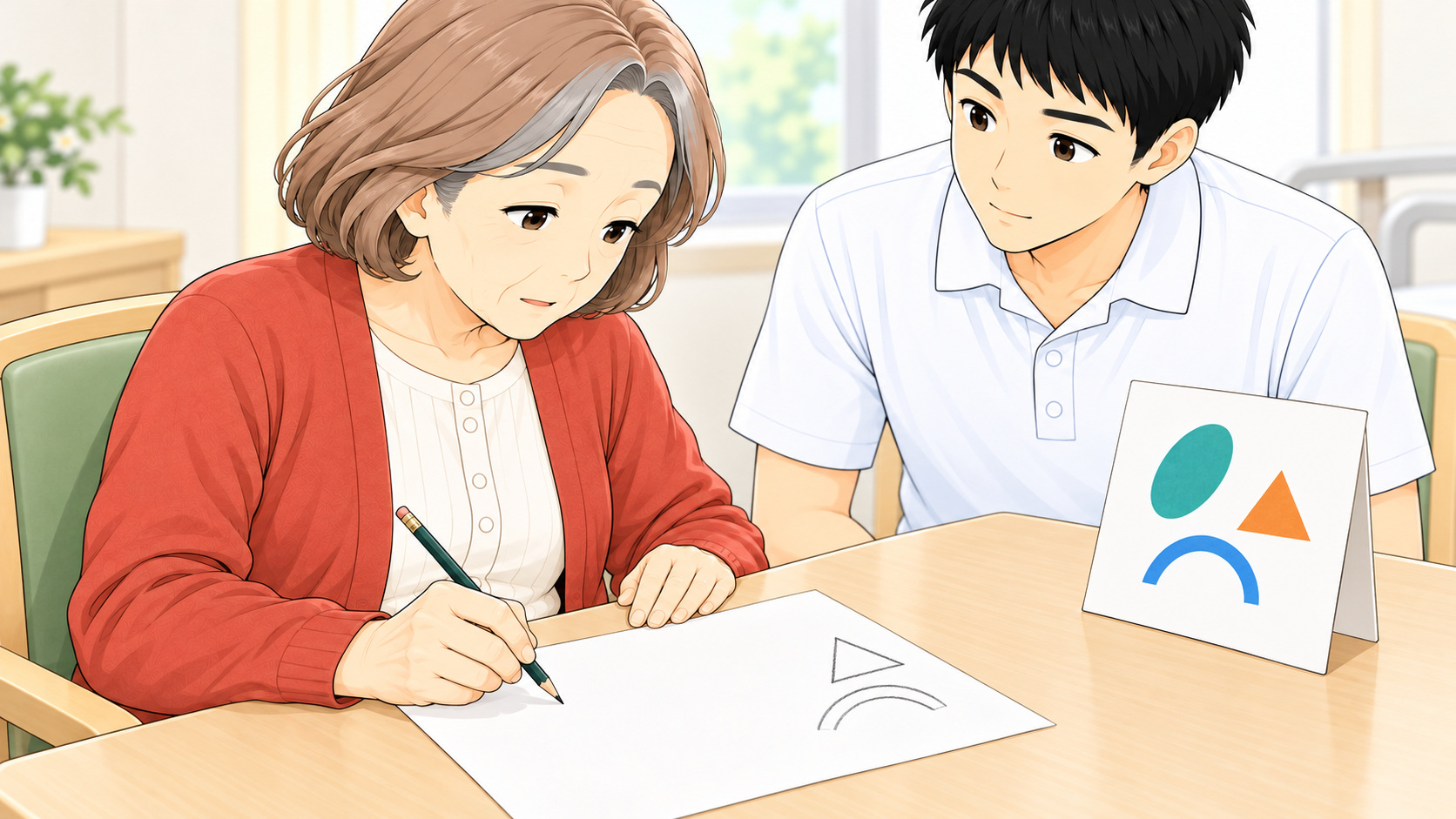 独自の幾何学図形を見本と見比べて描く女性