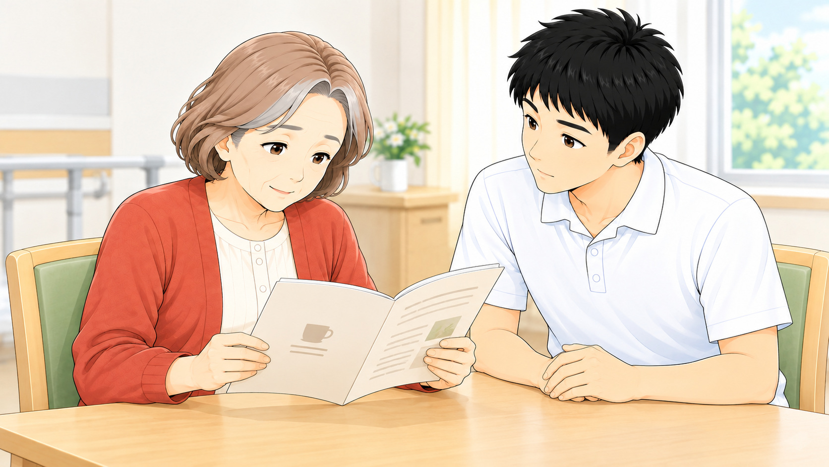 冊子の内容を読み取る女性を観察する療法士