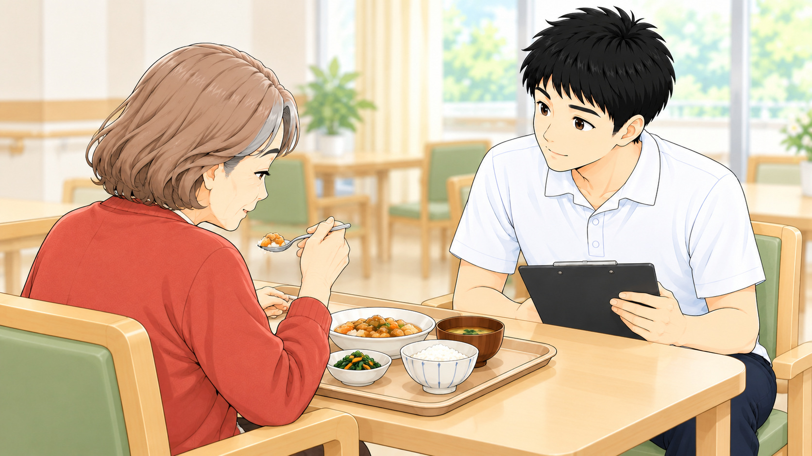 実際の食事で注意の向き方と食べ残しを観察する場面