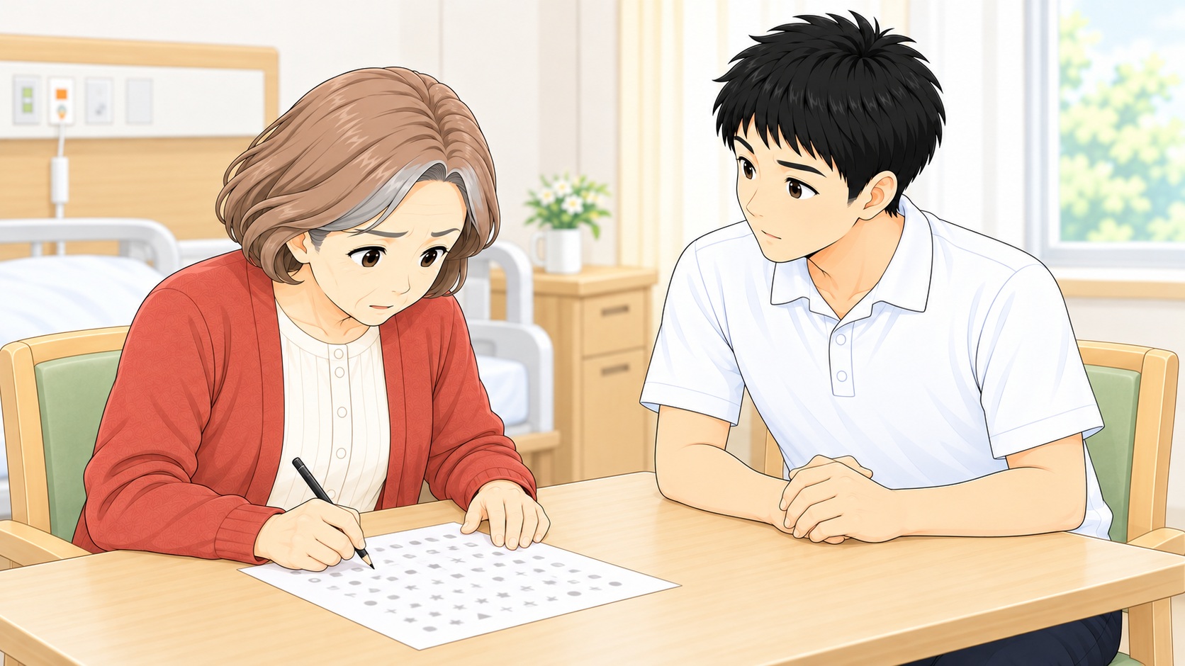 注意機能の課題に取り組む女性と、反応を観察する療法士。検査場面の説明用イラスト