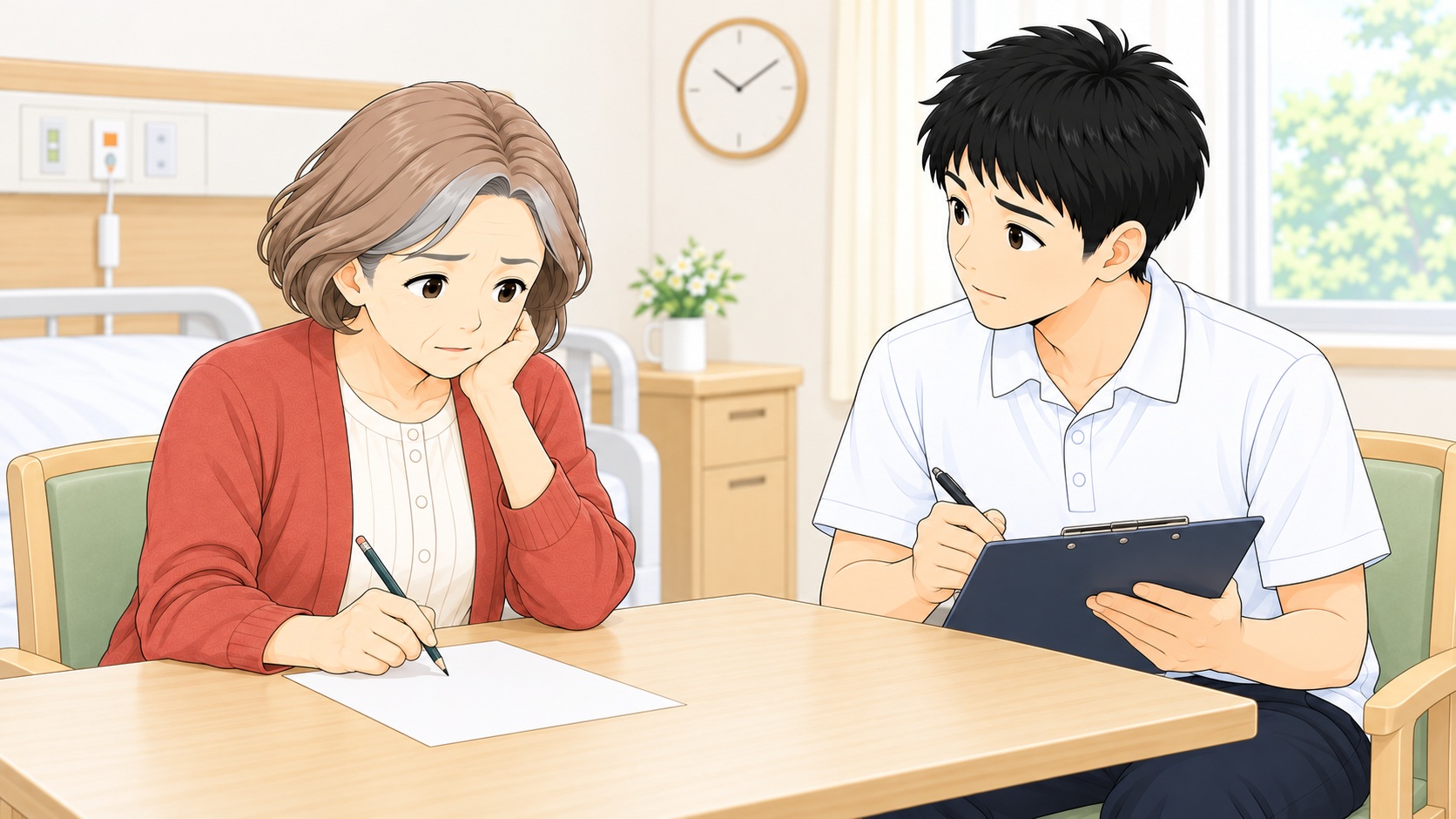 課題中に手が止まった女性の様子を療法士が観察して記録する場面