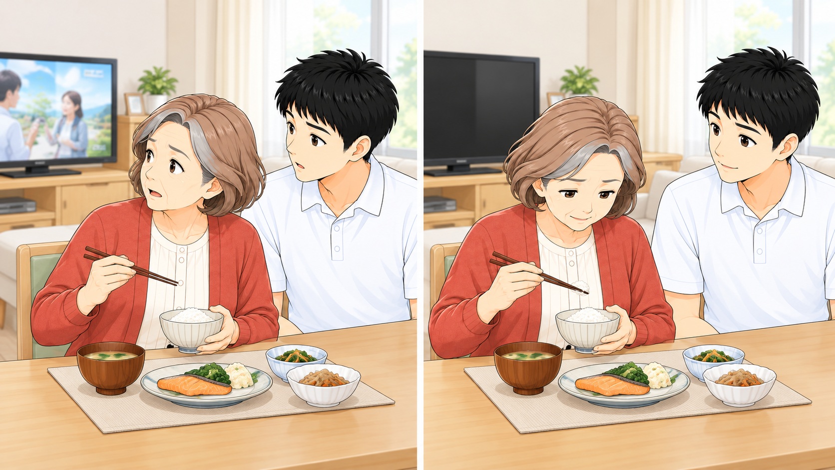 テレビがついた食卓と、テレビを消した食卓での注意の向け方の比較