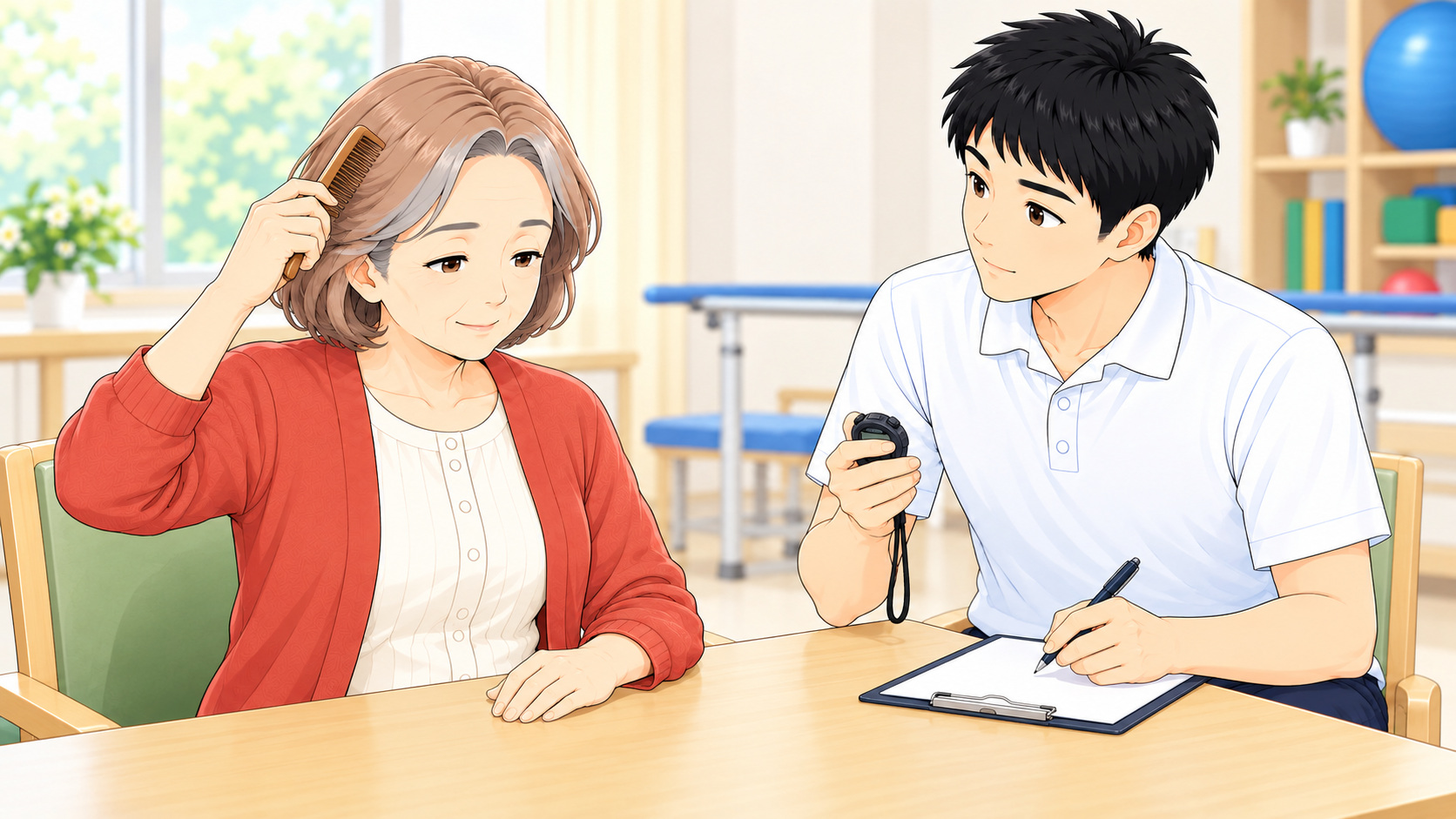 くしで髪をとかす女性の動作を観察する療法士