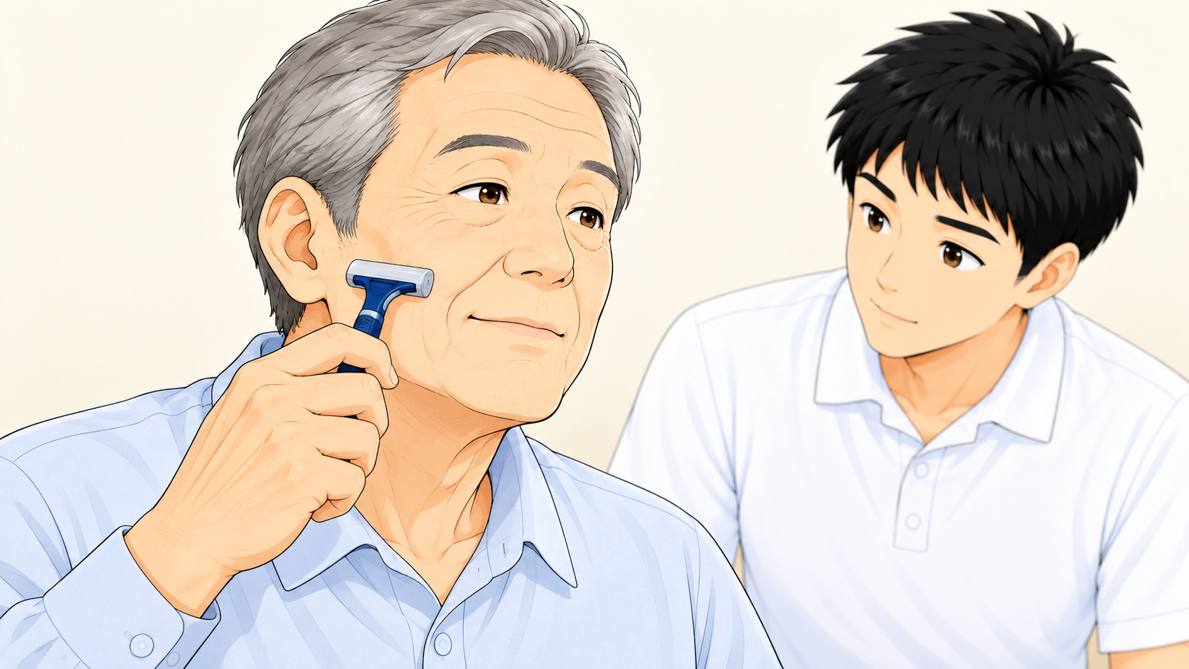 保護したひげ剃りで模擬動作を行う男性