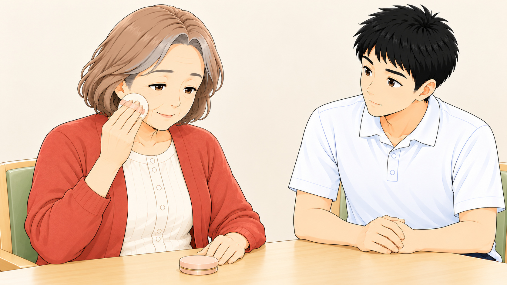 化粧パフを顔に当てる動作を観察する療法士