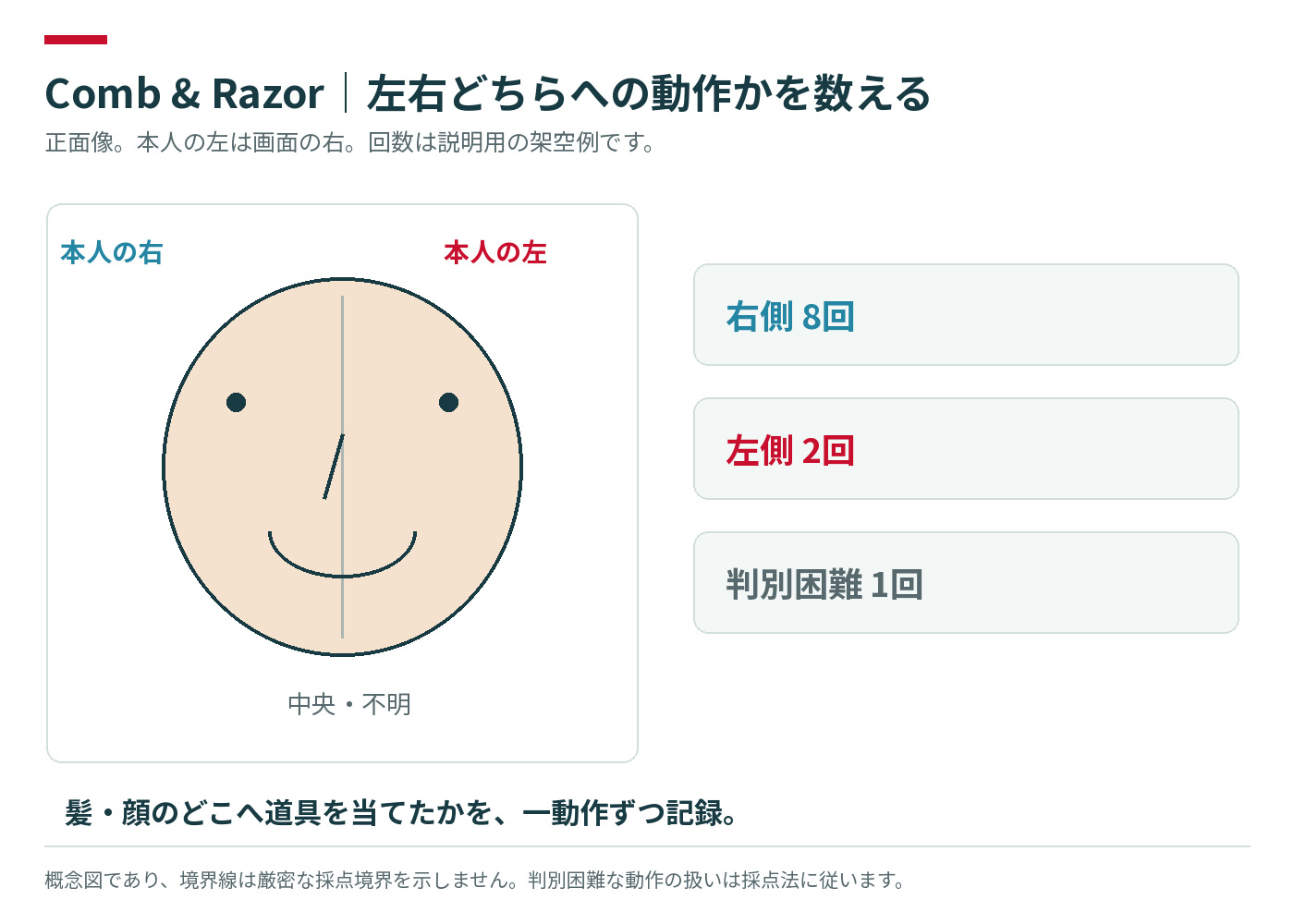 本人の左右と動作回数を示す架空の採点例