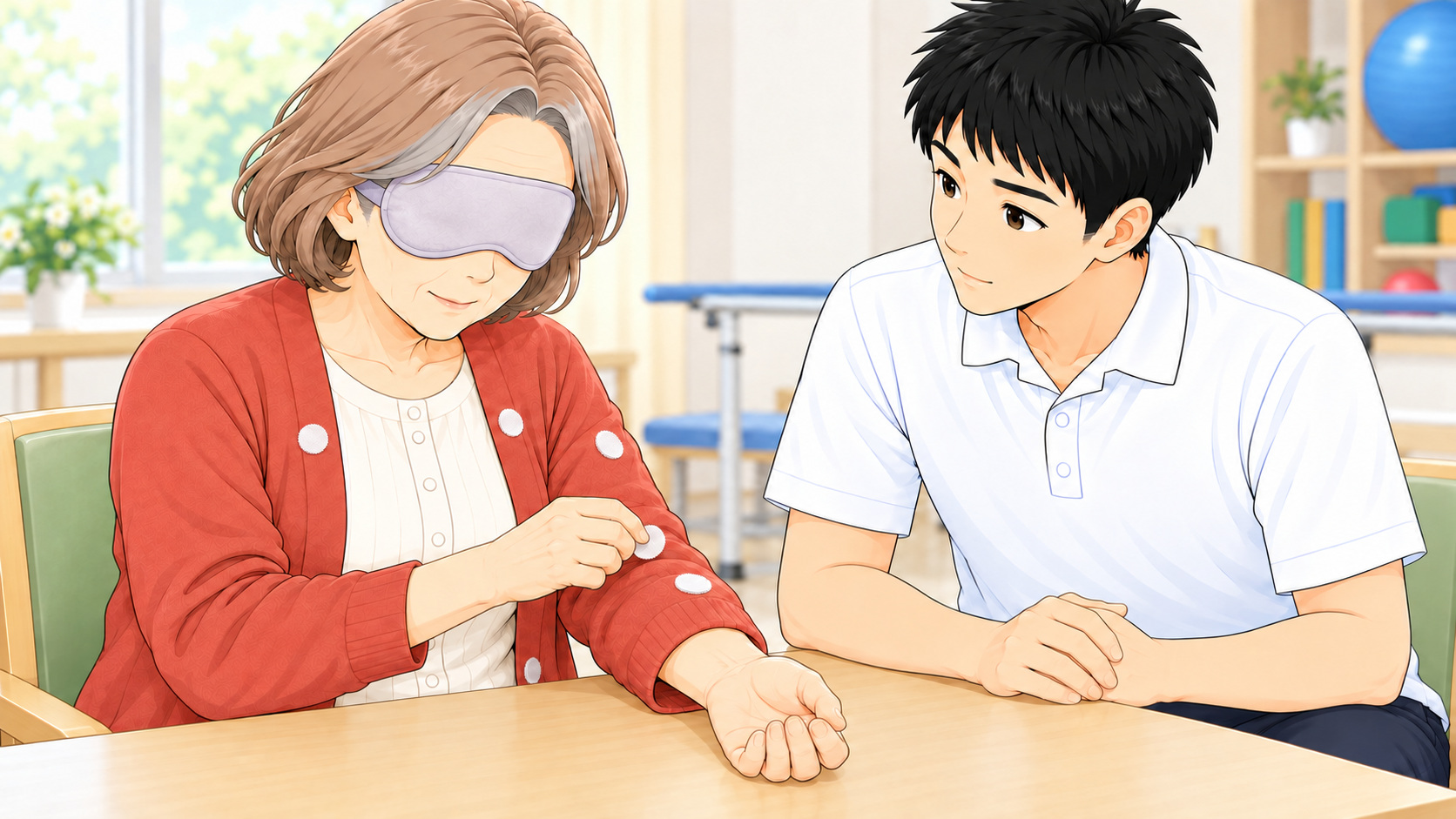 遮眼した女性が右手で左袖の標的を探す