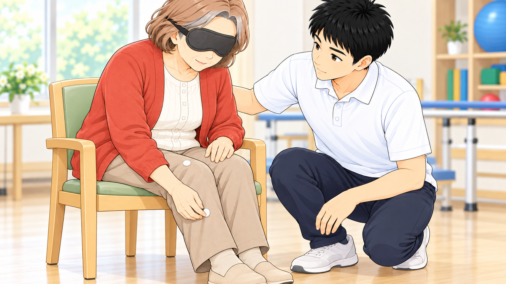 遮眼して下肢の標的を探す女性と姿勢を見守る療法士