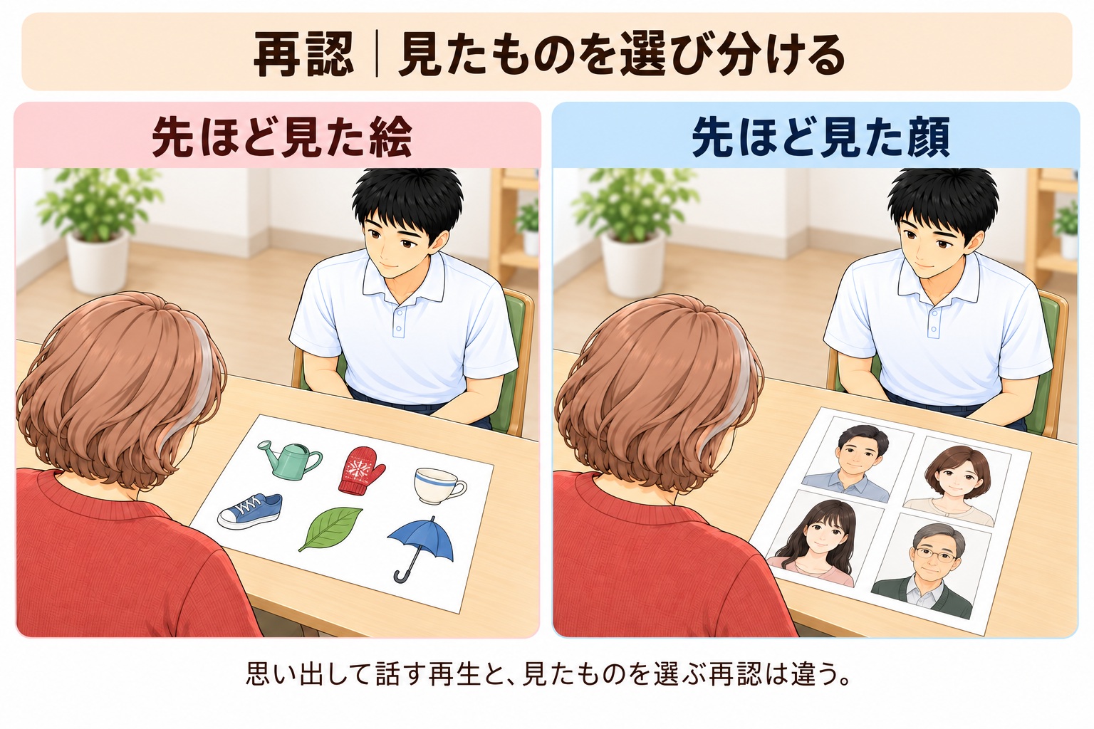 先ほど見た絵や顔を選び分ける再認の説明