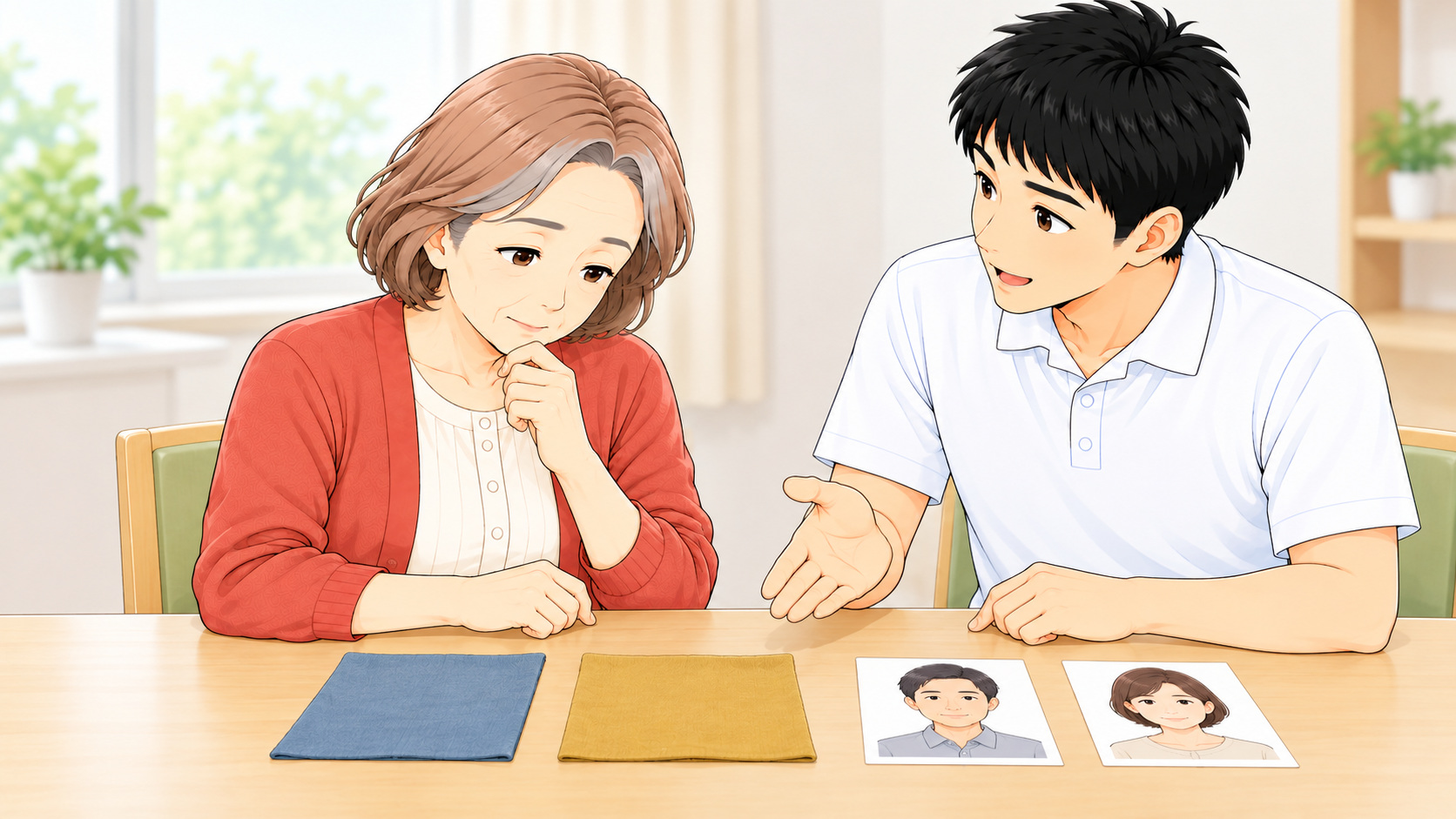 顔と色の認知について観察する療法士と女性